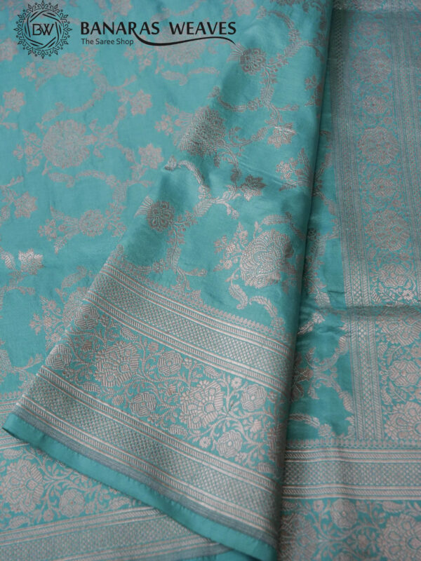 Pure Banarasi Katan Silk Saree Handloom Gold Zari Big Jaal Design - Sea Blue Color