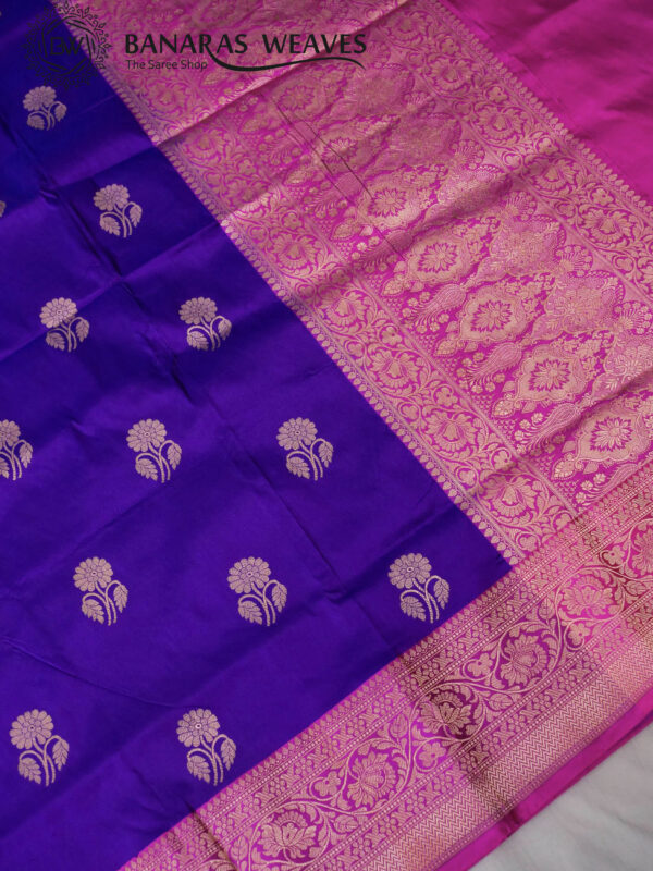 Pure Banarasi Kadhwa Katan Silk Saree Handloom Gold Zari Flower Boota Design – Violet And Pink Color Contrast