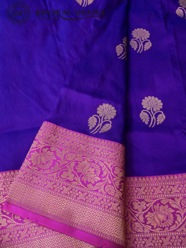 Pure Banarasi Kadhwa Katan Silk Saree Handloom Gold Zari Flower Boota Design – Violet And Pink Color Contrast