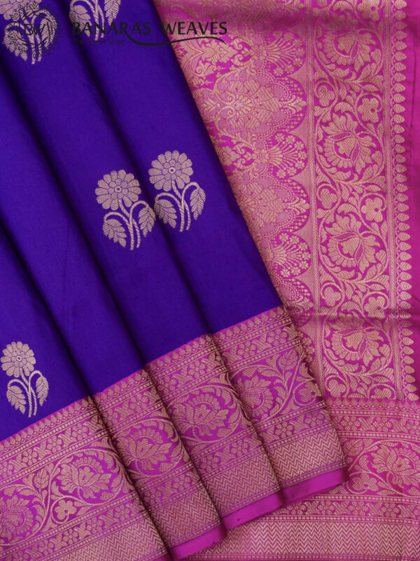 Pure Banarasi Kadhwa Katan Silk Saree Handloom Gold Zari Flower Boota Design – Violet And Pink Color Contrast