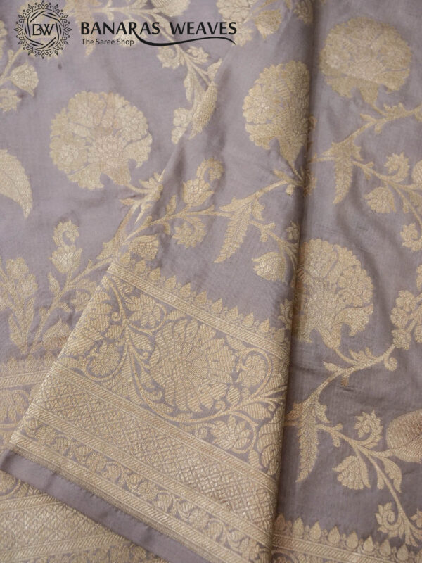 Pure Banarasi Katan Silk Saree Handloom Gold Zari Big Jaal Design - Grey Color