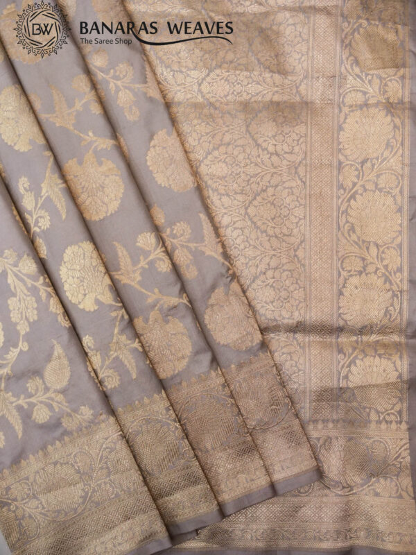 Pure Banarasi Katan Silk Saree Handloom Gold Zari Big Jaal Design - Grey Color