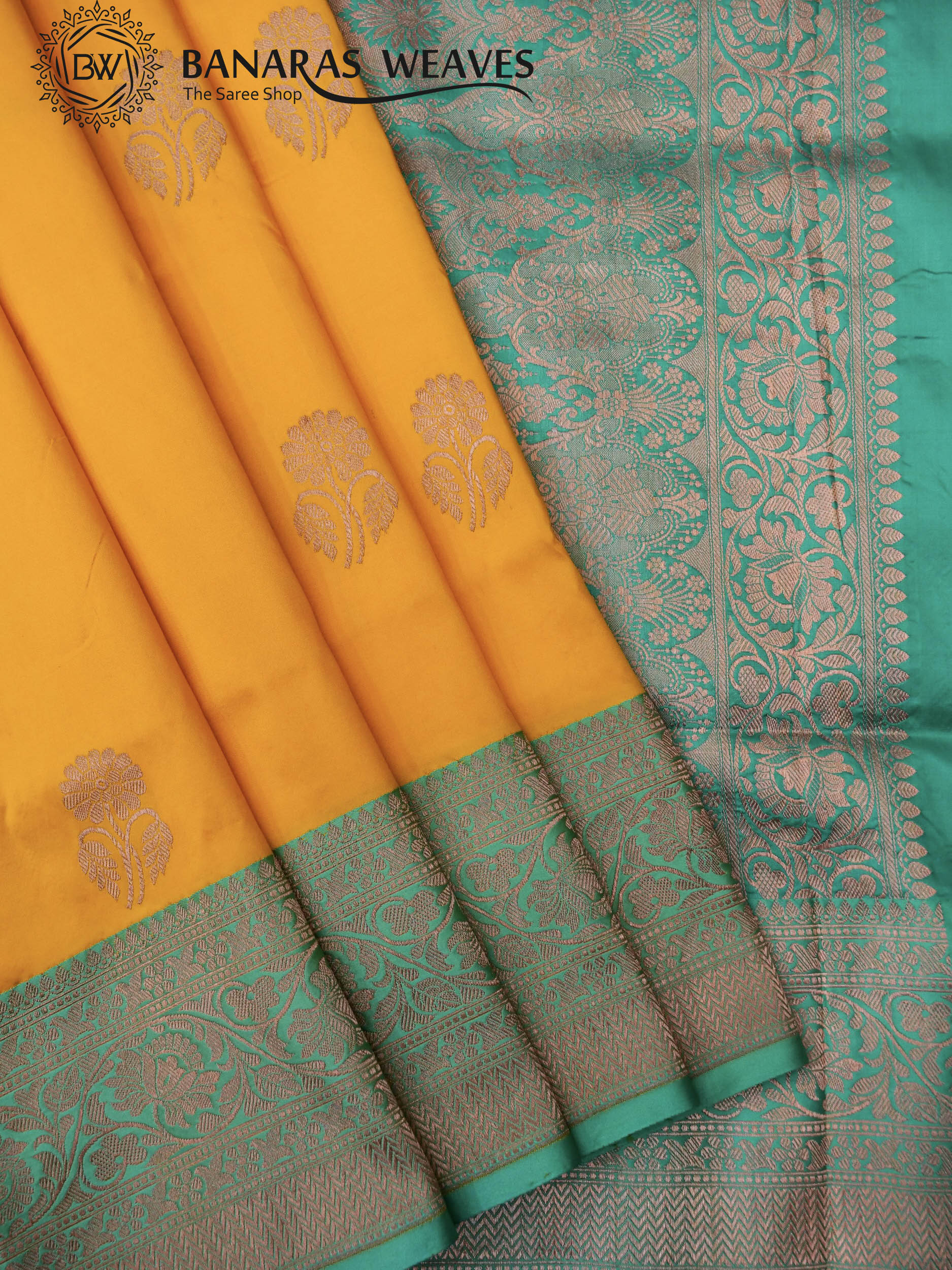 Pure Banarasi Kadhwa Katan Silk Saree Handloom Gold Zari Flower Boota Design – Gold And Seagreen Color Contrast