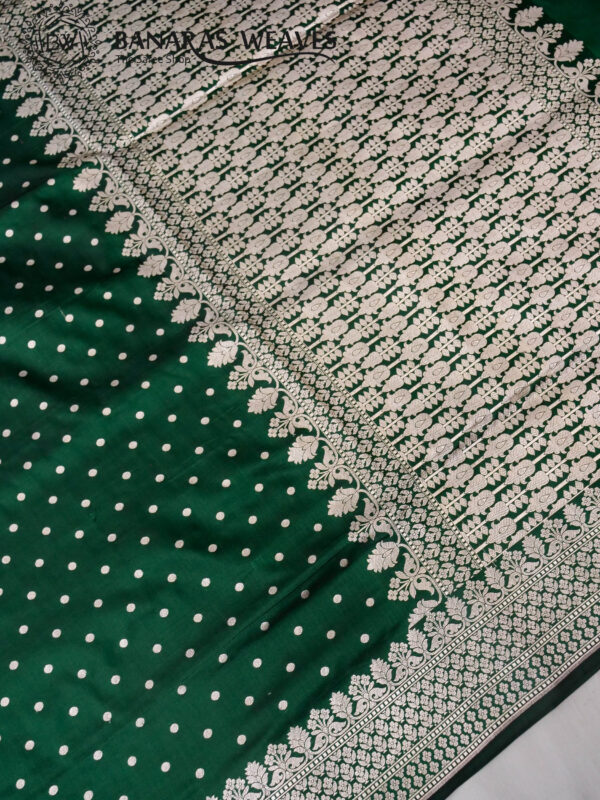 Pure Banarasi Katan Silk Saree Handloom Gold Zari Polka Dot Design - Dark Green Color