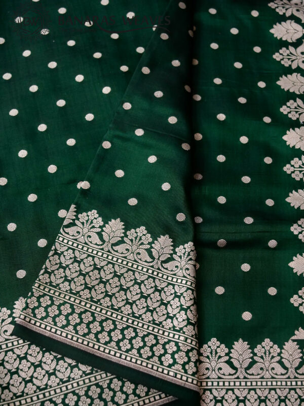 Pure Banarasi Katan Silk Saree Handloom Gold Zari Polka Dot Design - Dark Green Color