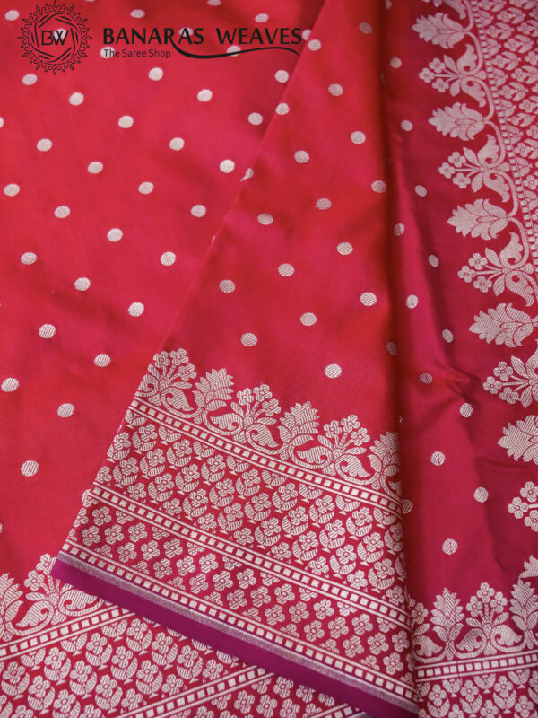 Pure Banarasi Katan Silk Saree Handloom Gold Zari Polka Dot Design - Dark Pink Color