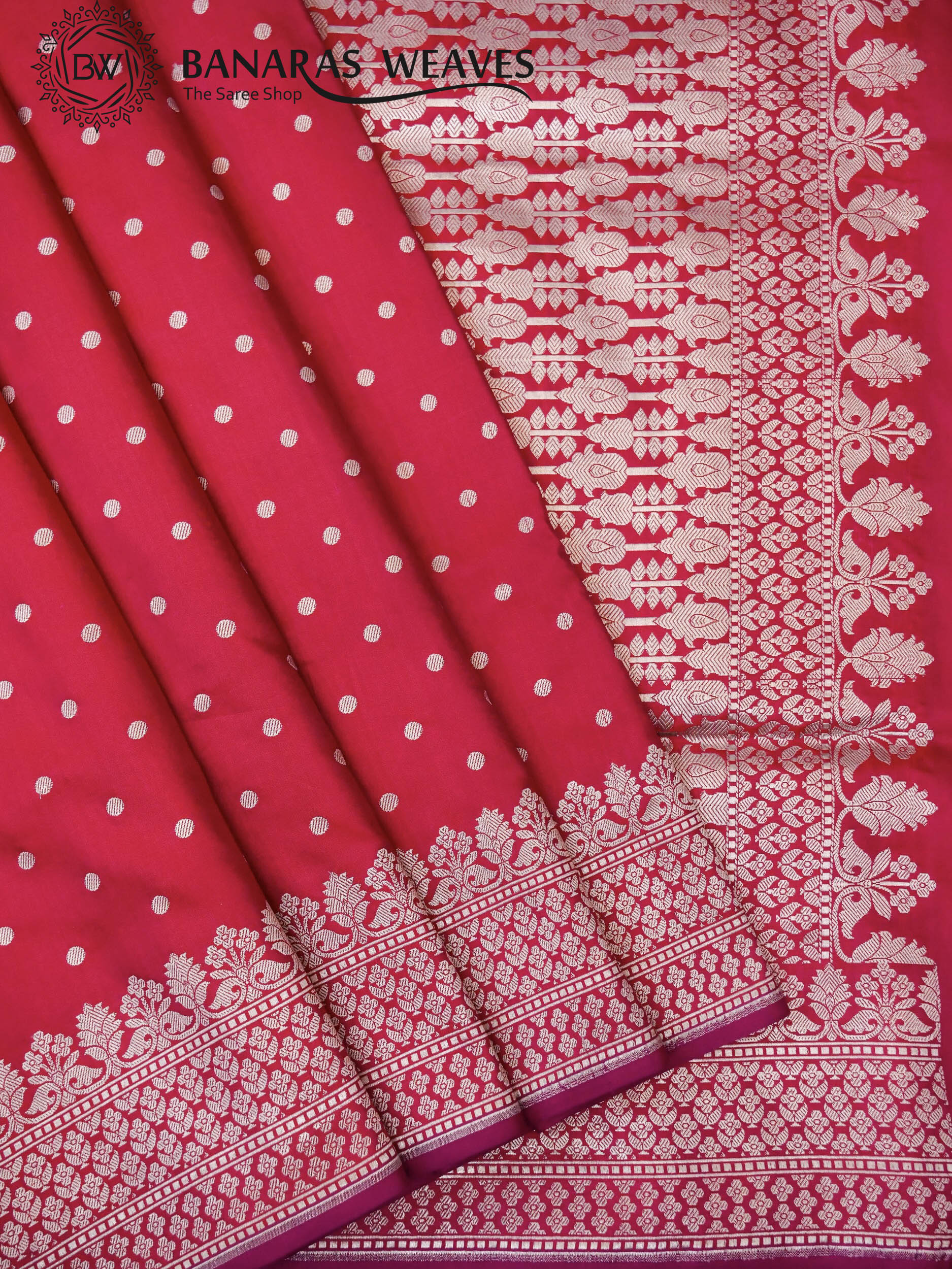 Pure Banarasi Katan Silk Saree Handloom Gold Zari Polka Dot Design - Dark Pink Color