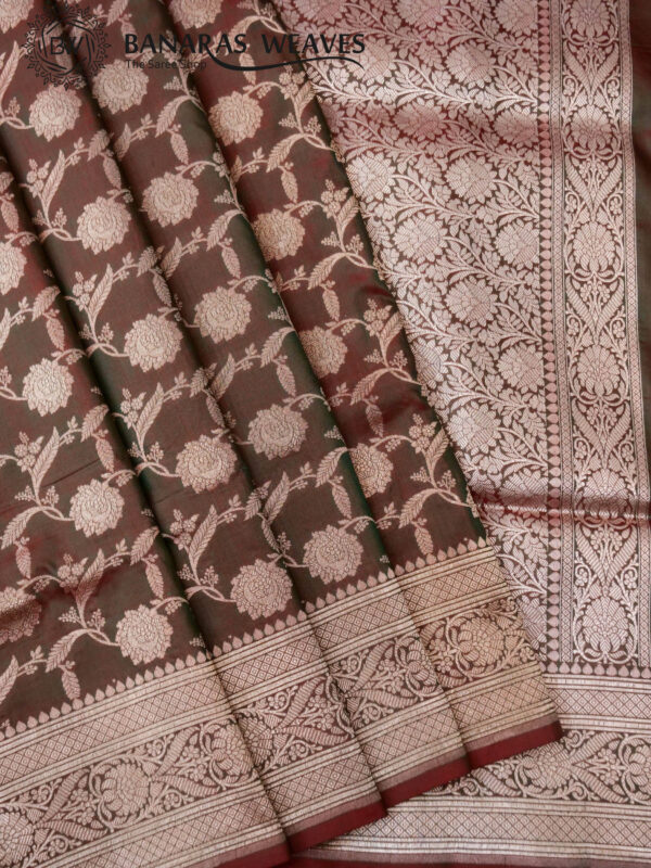 Pure Banarasi Katan Silk Saree Handloom Gold Zari Jaal Design - Brown Color