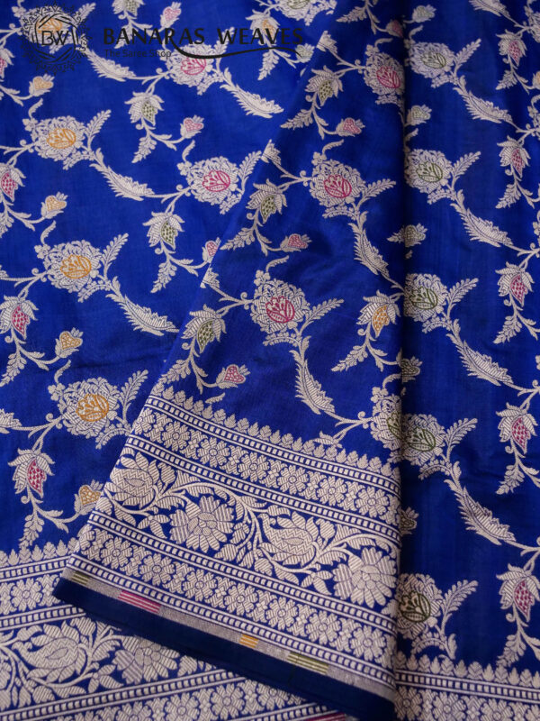 Pure Banarasi Katan Silk Saree Handloom Gold Zari Jaal Design - Royal Blue Color