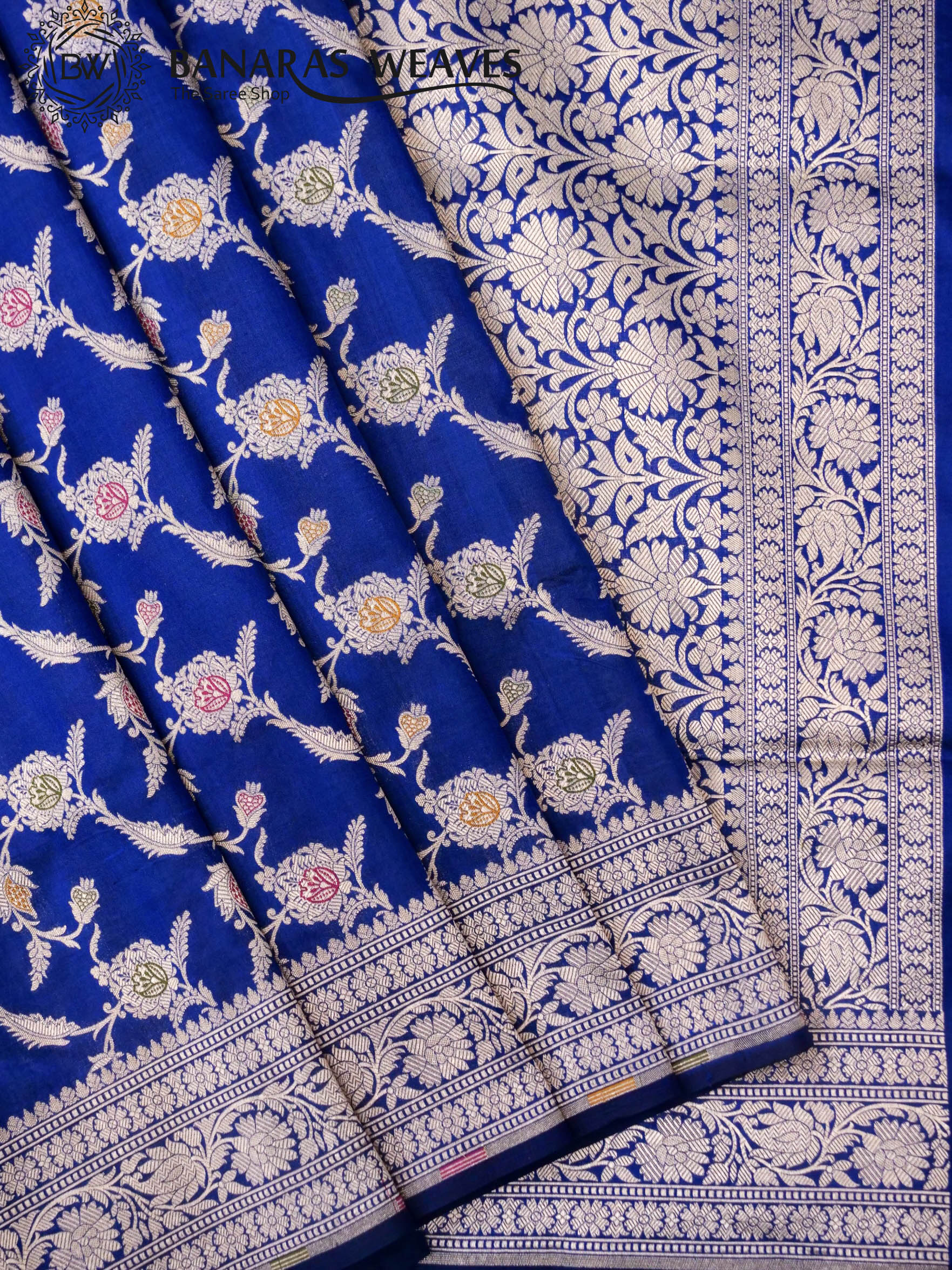 Pure Banarasi Katan Silk Saree Handloom Gold Zari Jaal Design - Royal Blue Color