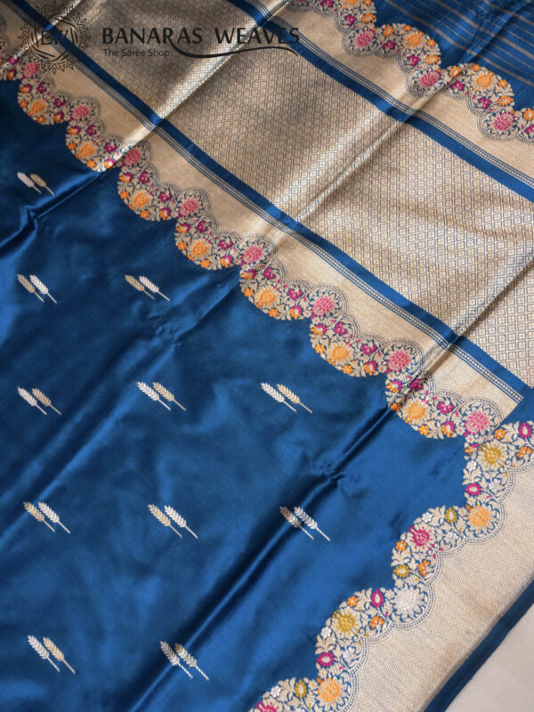 Pure Banarasi Katan Silk Saree Handloom Gold Zari Fancy Border Leaf Design - German Blue Color