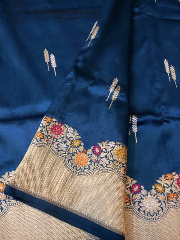 Pure Banarasi Katan Silk Saree Handloom Gold Zari Fancy Border Leaf Design - German Blue Color