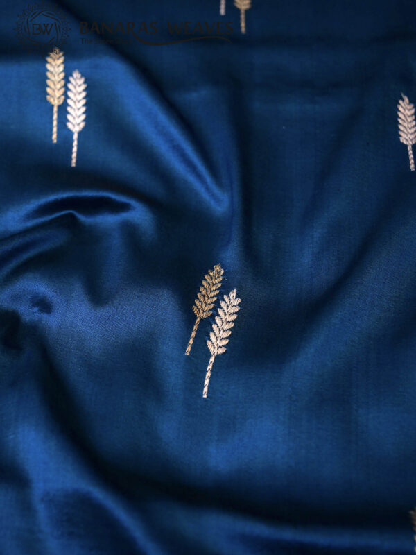 Pure Banarasi Katan Silk Saree Handloom Gold Zari Fancy Border Leaf Design - German Blue Color