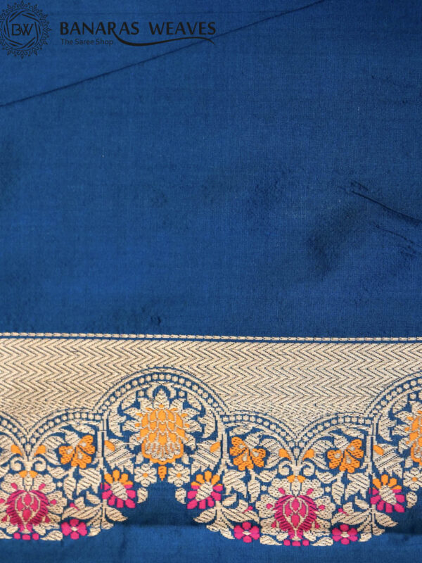 Pure Banarasi Katan Silk Saree Handloom Gold Zari Fancy Border Leaf Design - German Blue Color