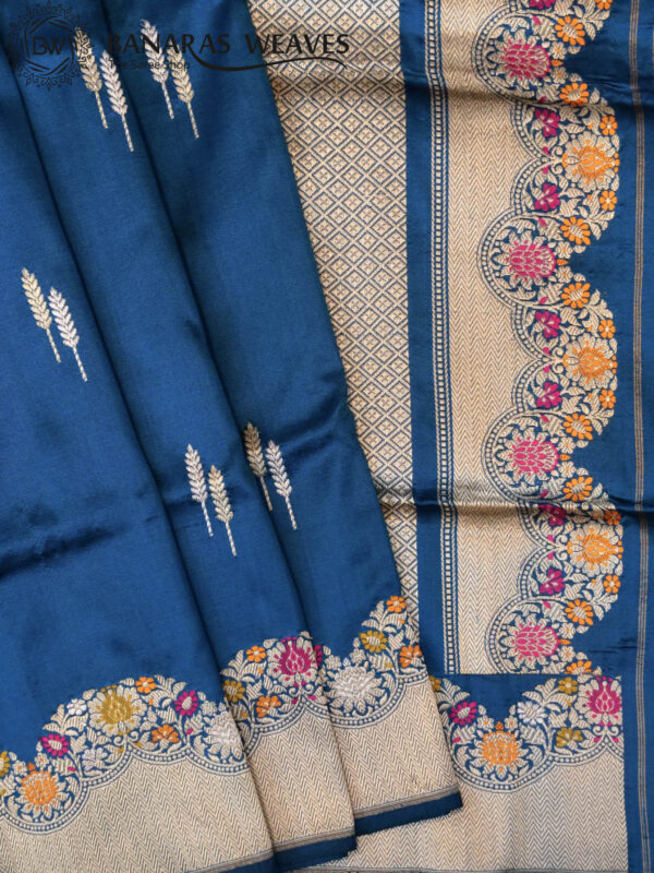 Pure Banarasi Katan Silk Saree Handloom Gold Zari Fancy Border Leaf Design - German Blue Color