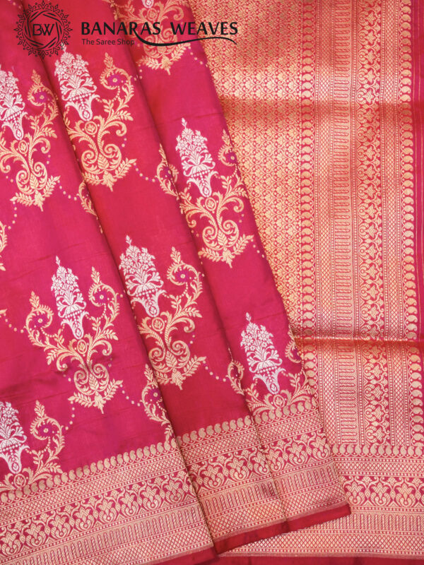 Pure Banarasi Katan Silk Saree Handloom Gold Zari Boota Design - Dark Pink Color