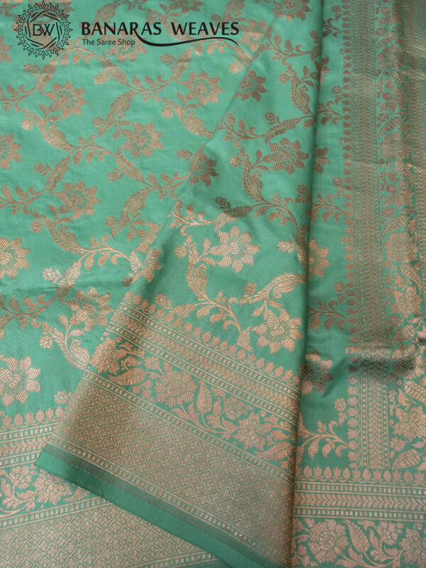 Pure Banarasi Katan Silk Saree Handloom Gold Zari Jaal Design - Seagreen Color