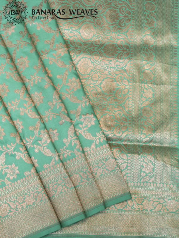 Pure Banarasi Katan Silk Saree Handloom Gold Zari Jaal Design - Seagreen Color