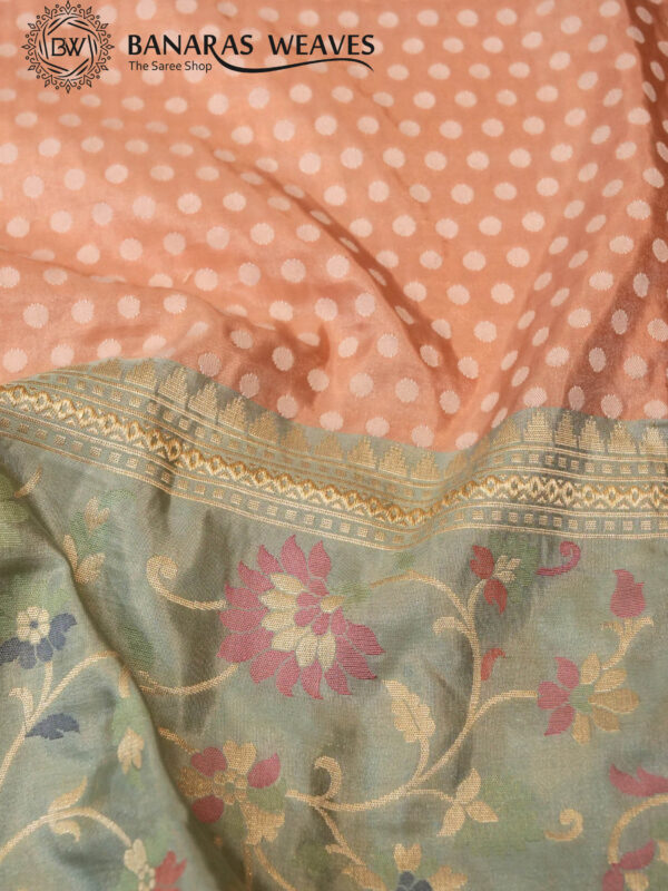 Pure Banarasi Katan Silk Saree Handloom Gold Zari Polka Dot Design - Peach Color Contrast