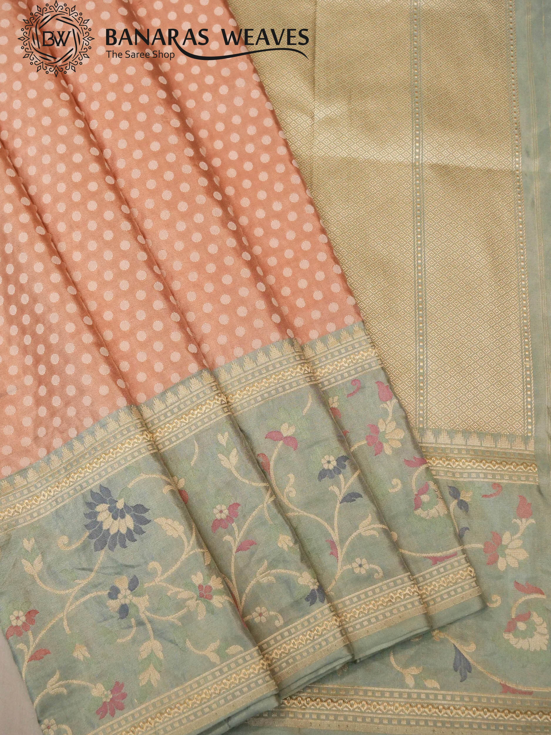 Pure Banarasi Katan Silk Saree Handloom Gold Zari Polka Dot Design - Peach Color Contrast